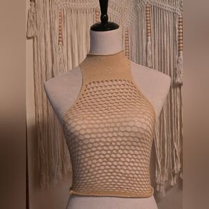 Halter Fishnet Rhinestone Crop Top